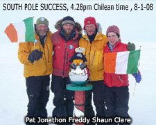 Irish adventurers Pat Falvey, Clare O'Leary, Shaun Menzies, Jonathon Bradshaw, and mascot Freddy the Teddy Bear