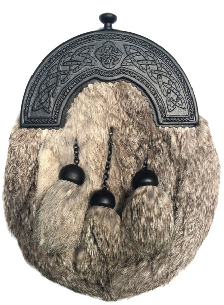 Grey Fur Sporran with Knotwork Cantle